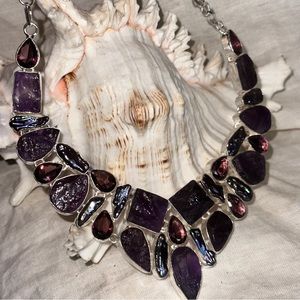 Stunning Rough Amethyst + Polished Amethyst statement cluster necklace